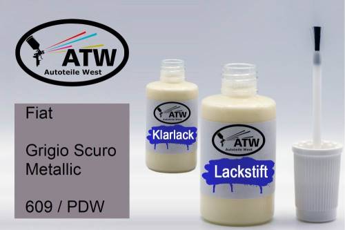 Fiat, Grigio Scuro Metallic, 609 / PDW: 20ml Lackstift + 20ml Klarlack - Set, von ATW Autoteile West.